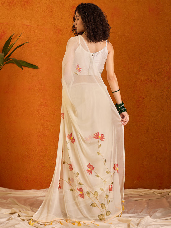 Saree Mall Women's Chiffon Off White Printed Designer Saree With Blouse Piece-PAINTING102