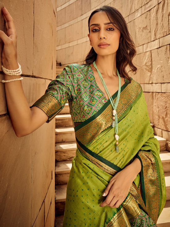 Saree Mall Women's  Blend Light Green Woven Design Designer Saree With Blouse Piece-PATOLA1101