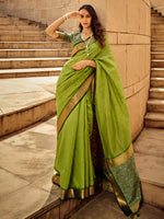 Saree Mall Women's  Blend Light Green Woven Design Designer Saree With Blouse Piece-PATOLA1101