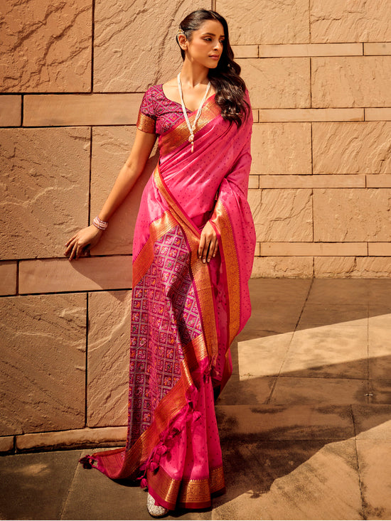 Saree Mall Women's  Blend Pink Woven Design Designer Saree With Blouse Piece-PATOLA1102