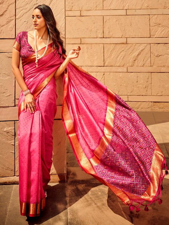 Saree Mall Women's  Blend Pink Woven Design Designer Saree With Blouse Piece-PATOLA1102