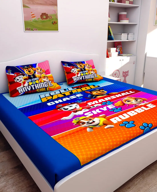 Athom Living One Team Anything is possible Paw Patrol Digital Printed Cotton Kids Double Bedsheet 270x270 cm with 2 Pillow Cover-PAW-03-237-D