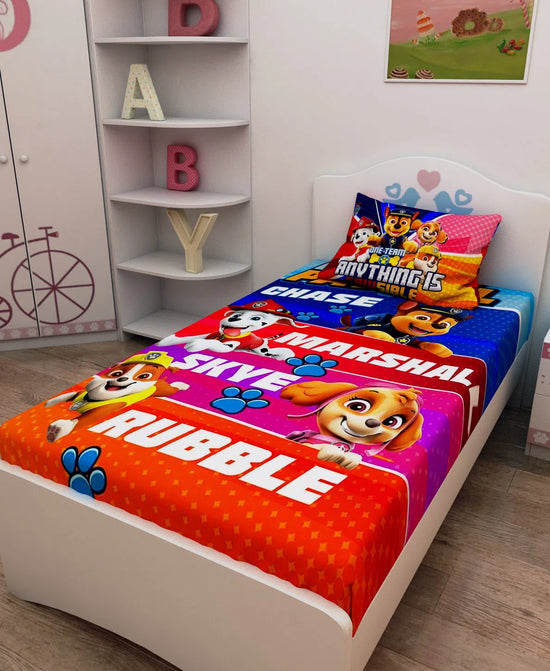 Athom Living One Team Anything Is Possible Paw Patrol Digital Printed Cotton Kids Single Bedsheet 147x223 cm with Pillow Cover-PAW-03-237-S