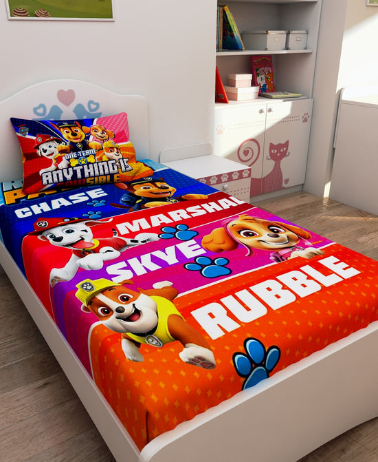 Athom Living One Team Anything Is Possible Paw Patrol Digital Printed Cotton Kids Single Bedsheet 147x223 cm with Pillow Cover-PAW-03-237-S