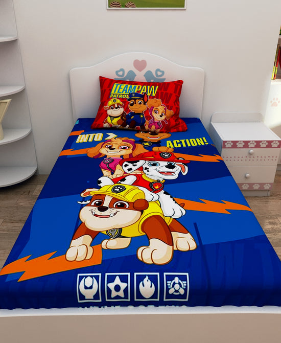 Athom Living Team Paw Petrol, Paw Patrol Digital Printed Cotton Kids Single Bedsheet 147x223 cm with Pillow Cover-PAW-03-238-S