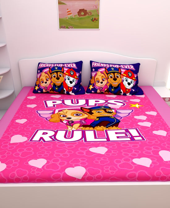 Athom Living Friends Forever Paw Patrol Digital Printed Cotton Kids Double Bedsheet 270x270 cm with 2 Pillow Cover-PAW-03-240-D