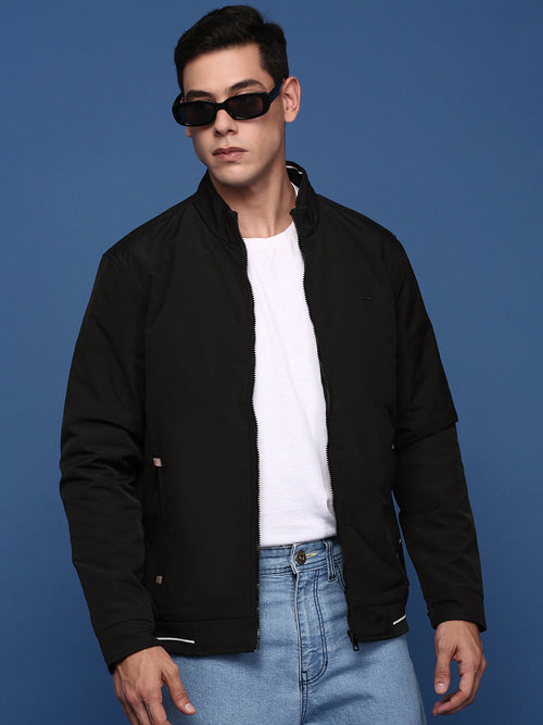 Men Solid Black Bomber Jacket-PC-10355-Black