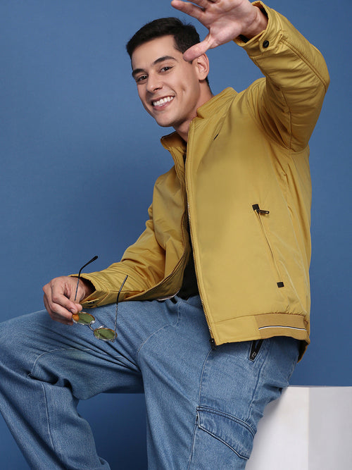 Men Solid Yellow Bomber Jacket-PC-10355-Yellow