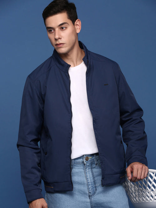 Men Solid Navy Blue Bomber Jacket-PC-10358-Navyblue