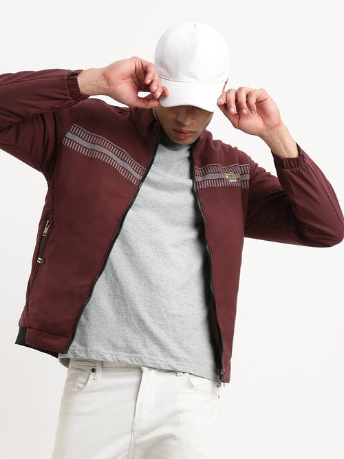 Men Mock Collar Maroon Solid Bomber Jacket-PC-31206-Maroon