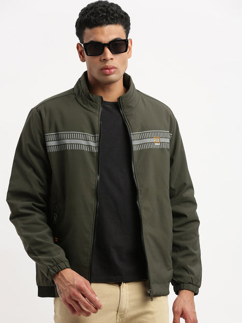 Men Mock Collar Olive Solid Bomber Jacket-PC-31206-Olive