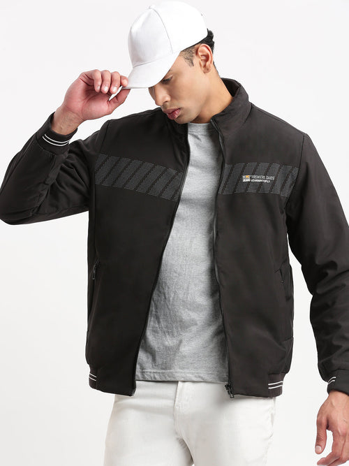 Men Mock Collar Black Solid Bomber Jacket-PC-31207-Black