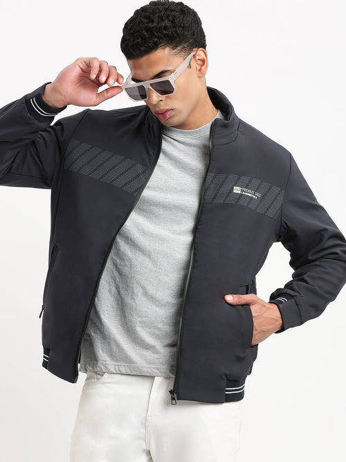 Men Mock Collar Navy Blue Solid Bomber Jacket-PC-31207-Navyblue