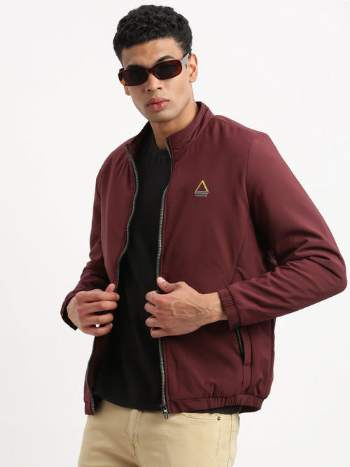 Men Mock Collar Maroon Solid Bomber Jacket-PC-32215-Maroon