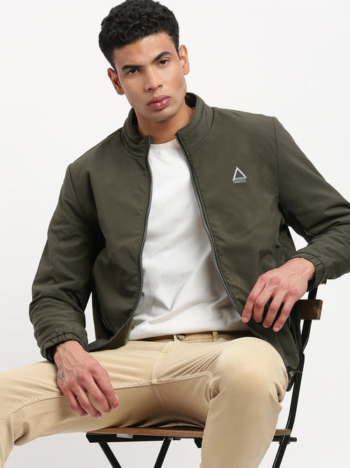 Men Mock Collar Olive Solid Bomber Jacket-PC-32215-Olive