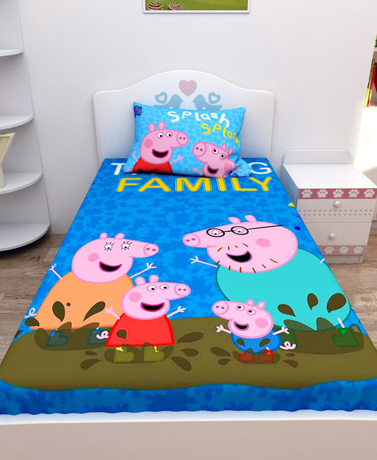 Athom Living Family Peppa Pig Digital Printed Cotton Kids Single Bedsheet 147x223 cm with Pillow Cover-PEP-03-243-S