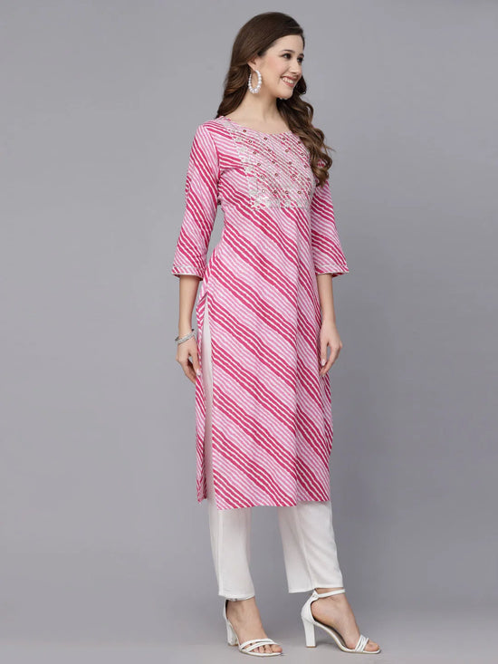 Women's Lehriya Printed & Embroidered Rayon Straight Kurta-PINKNISAR36