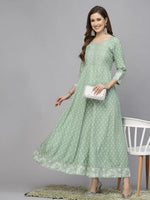 Women's Green Printed & Embroidered Rayon Anarkali Kurta