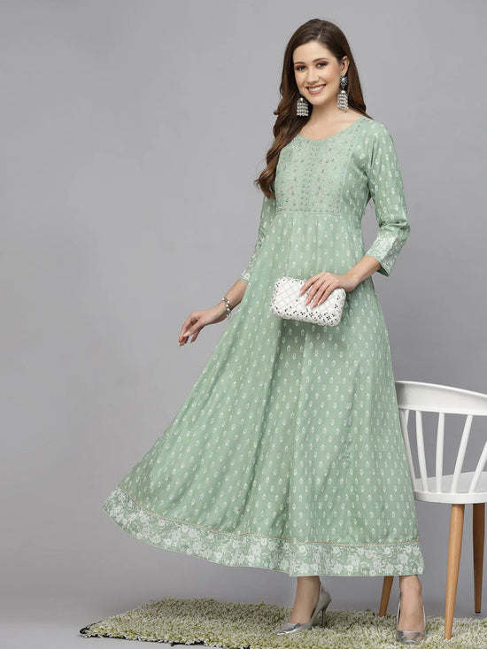 Women's Green Printed & Embroidered Rayon Anarkali Kurta