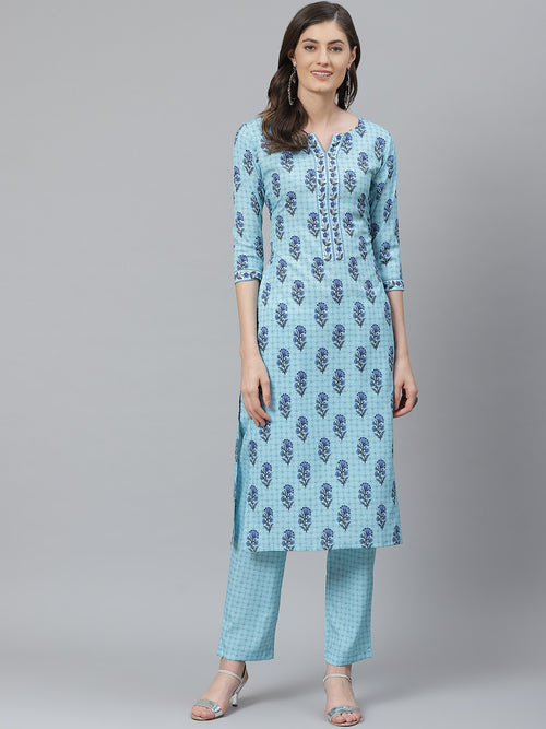 Ahika Women Blue Poly Crepe Printed Straight Kurta Pant Set