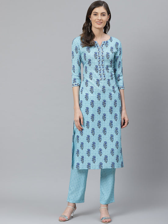 Ahika Women Blue Poly Crepe Printed Straight Kurta Pant Set