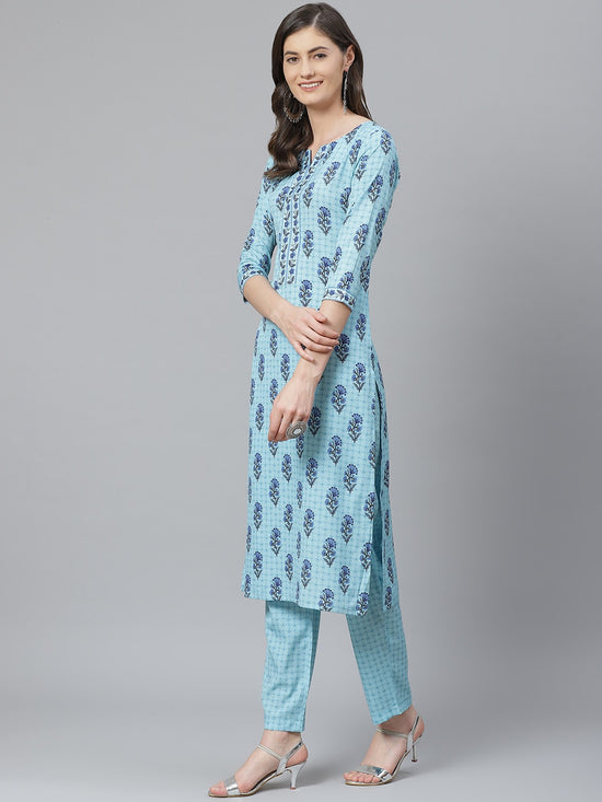 Ahika Women Blue Poly Crepe Printed Straight Kurta Pant Set