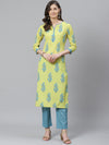 Ahika Women Yellow Poly Crepe Printed Straight Kurta Pant Set