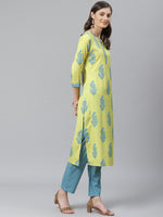 Ahika Women Yellow Poly Crepe Printed Straight Kurta Pant Set