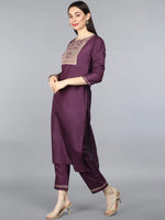 Ahika Women Burgundy Floral Yoke Design Kurta With Trousers