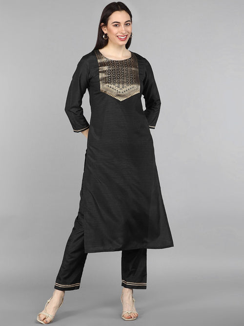 Ahika Women Black Poly Silk Woven Design Straight Kurta Pant Set