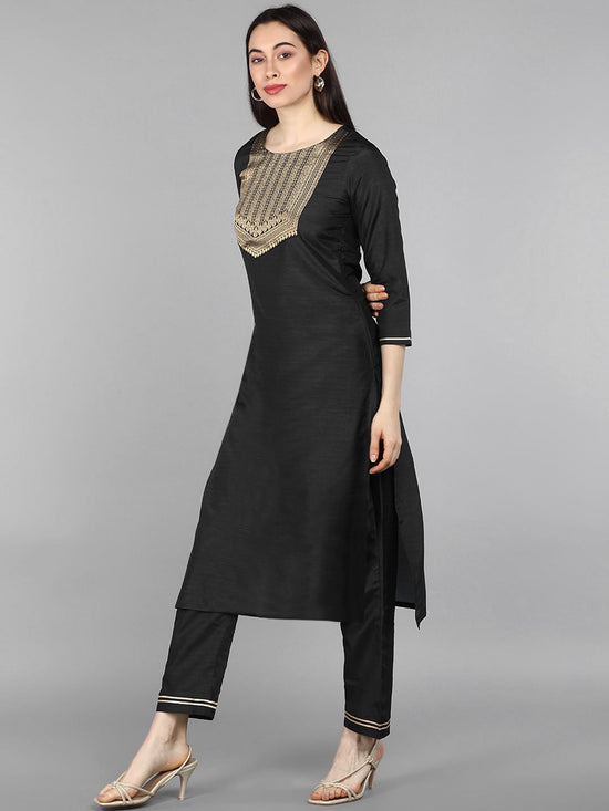 Ahika Women Black Poly Silk Woven Design Straight Kurta Pant Set