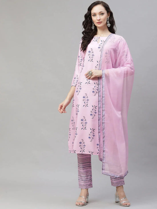 Ahika Women Pink Floral Printed Regular Kurta With Palazzos Dupatta