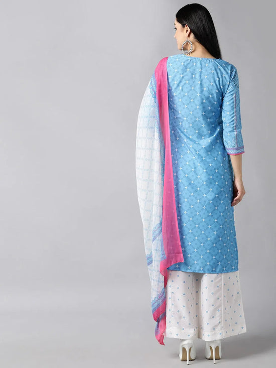 Ahika Women Blue Ethnic Motifs Printed Panelled Kurta With Skirt With Dupatta Set