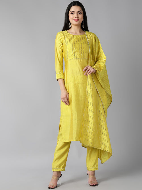 Ahika Women Yellow Poly Chanderi Yoke Design Straight Kurta Pant Set With Dupatta