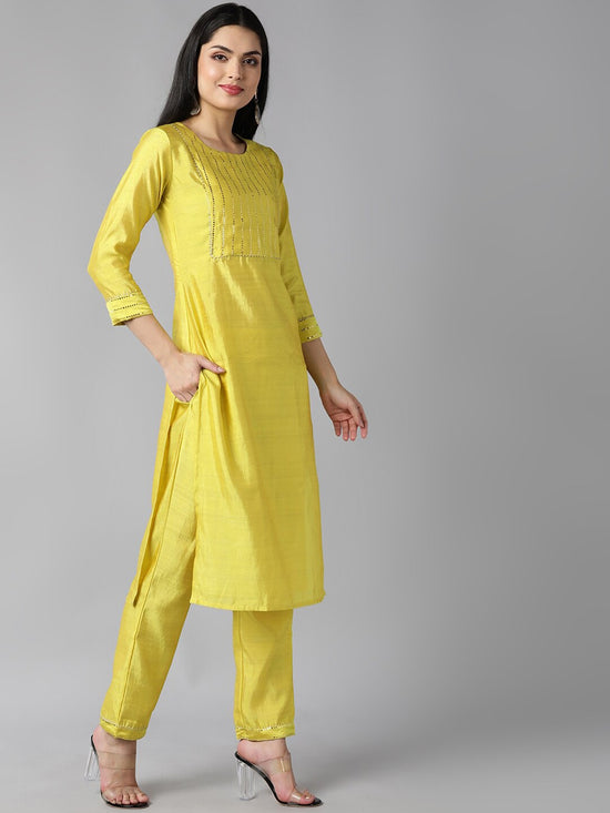 Ahika Women Yellow Poly Chanderi Yoke Design Straight Kurta Pant Set With Dupatta