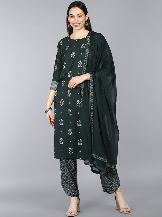 Ahika Women Green Poly Crepe Printed Straight Kurta Pant Set With Dupatta