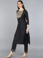 Ahika Women Black Poly Silk Woven Design Straight Kurta Pant Set With Dupatta