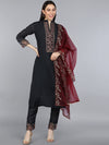 Ahika Women Black Poly Silk Embroidered Straight Kurta Pant Set With Dupatta