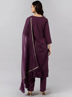 Ahika Women Burgundy Cotton Blend Embroidered Straight Kurta Pant Set With Dupatta