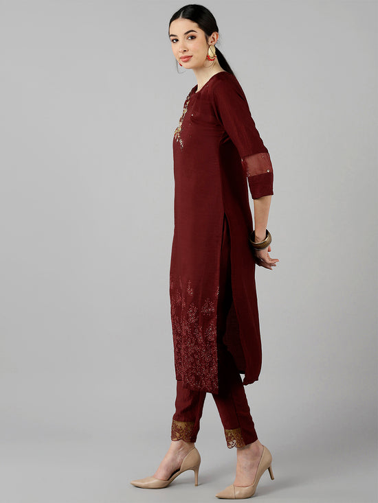 Ahika Women Burgundy Poly Silk Embroidered Straight Kurta Pant Set With Dupatta