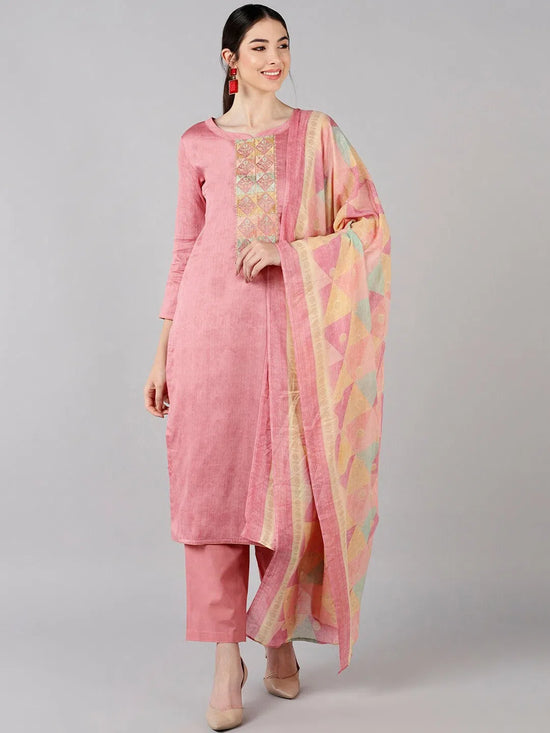 Ahika Women Pink Solid Embroidered Kurta Trousers With Dupatta