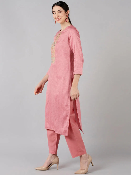 Ahika Women Pink Solid Embroidered Kurta Trousers With Dupatta