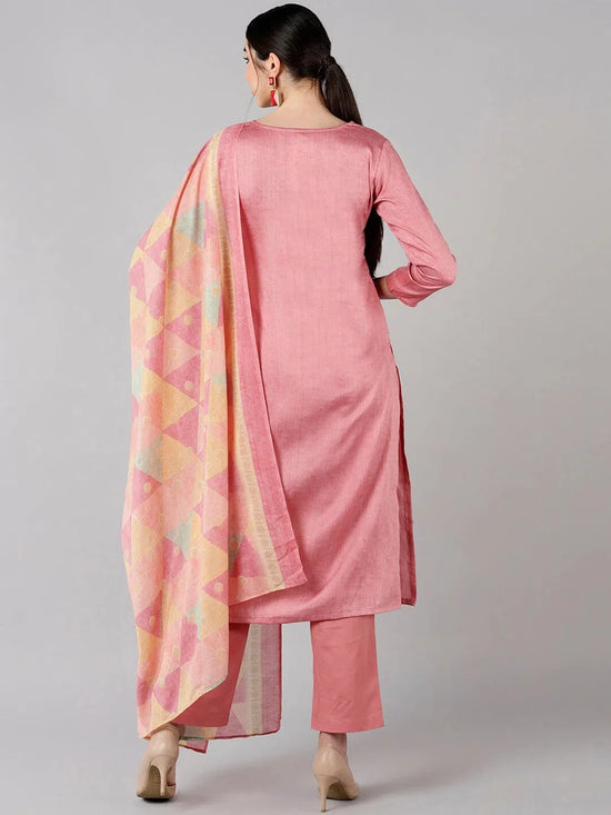 Ahika Women Pink Solid Embroidered Kurta Trousers With Dupatta