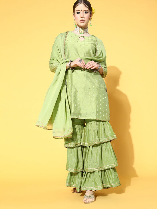 Ahika Women Green Poly Chanderi Woven Design Straight Kurta Sharara Set With Dupatta