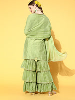 Ahika Women Green Poly Chanderi Woven Design Straight Kurta Sharara Set With Dupatta