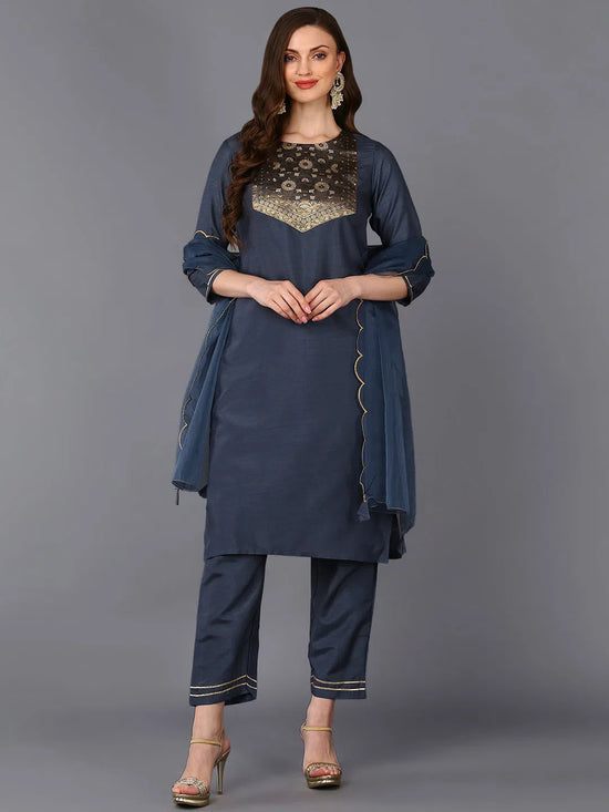 Poly Silk Grey Embroidered Straight Kurta Pant