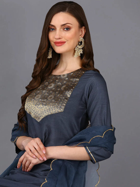 Poly Silk Grey Embroidered Straight Kurta Pant