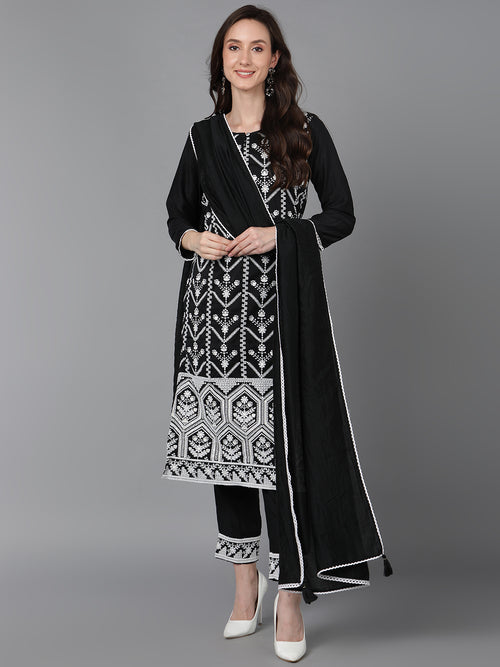 Ahika Women Black Poly Silk Embroidered Straight Kurta Pant Set With Dupatta