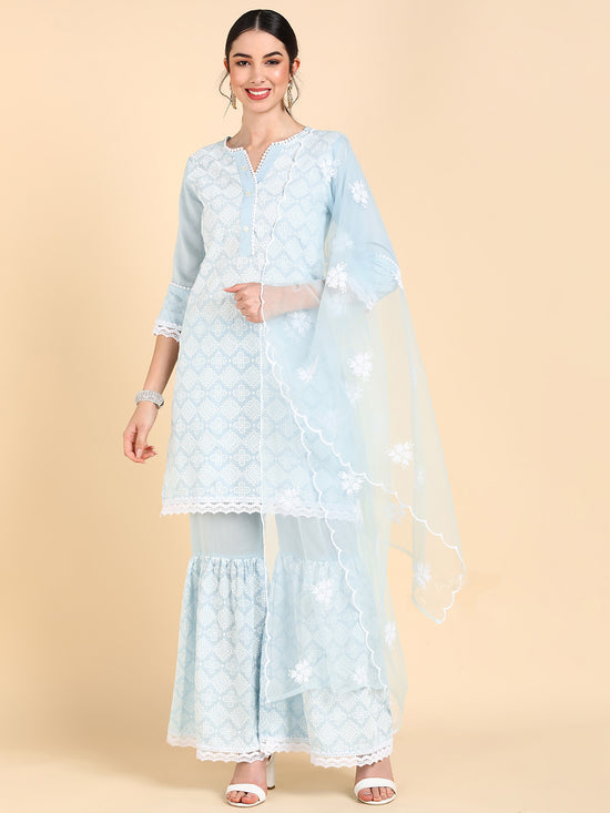 Ahika Women Blue Poly Silk Embroidered Straight Kurta Sharara Set With Dupatta