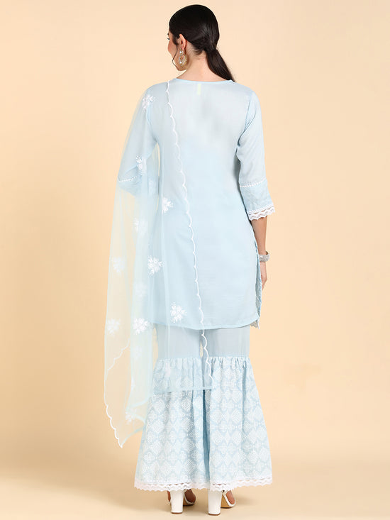 Ahika Women Blue Poly Silk Embroidered Straight Kurta Sharara Set With Dupatta